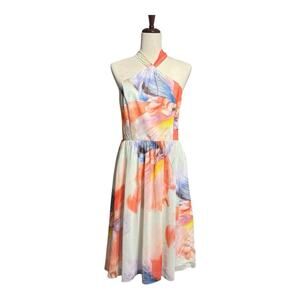 White House Black Market Orange and Blue Asymmetrical Halter Sundress JJ0698